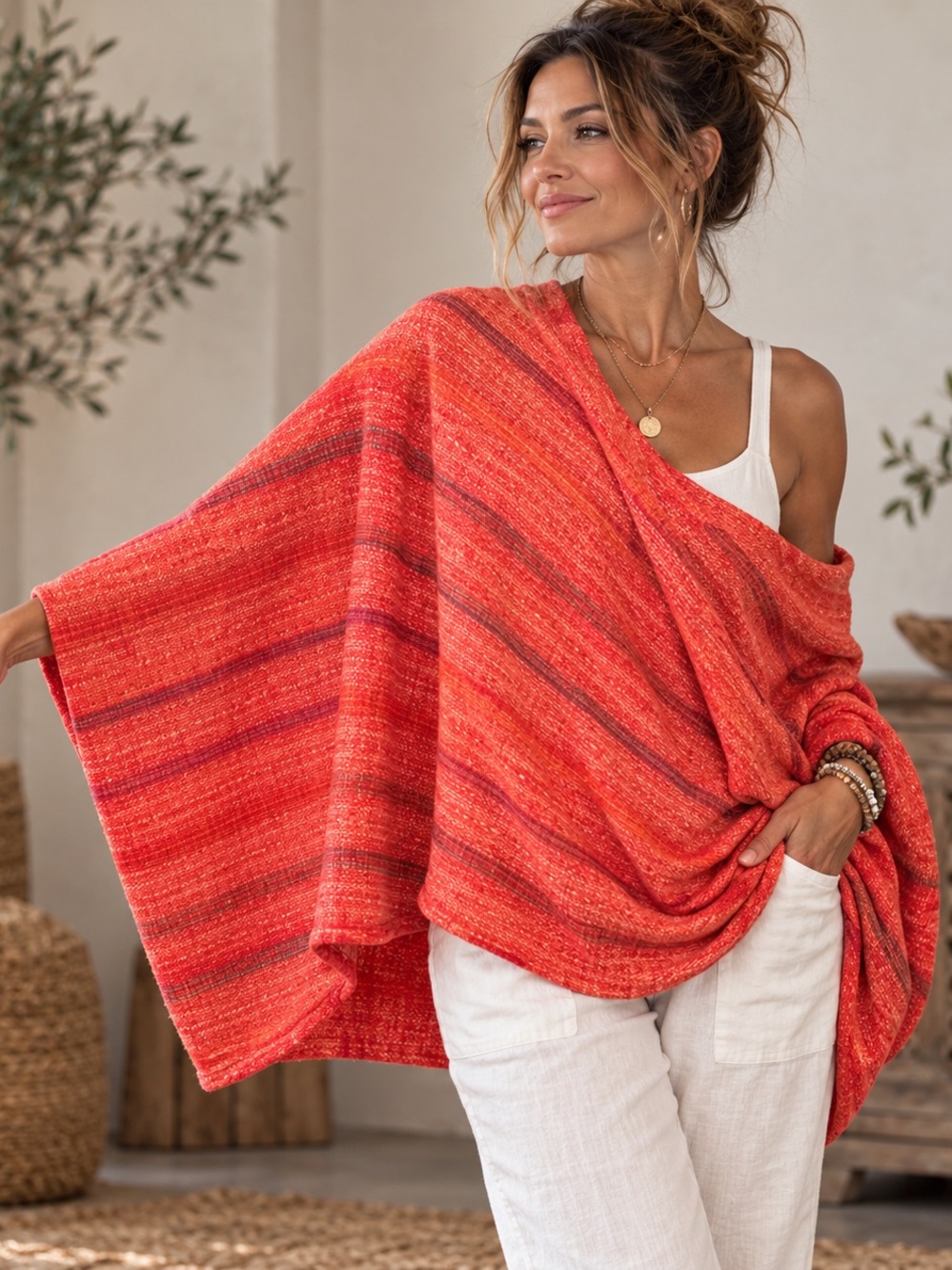 Boho Slub Woven Cocoon Wrap Shrug Draped Poncho